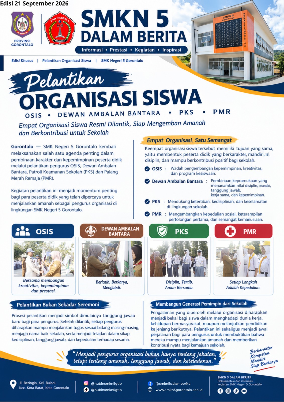 Pelantikan Pengurus OSIS, Dewan Ambalan Bantara, PKS, dan PMR SMKN 5 Gorontalo Tahun Pelajaran 2026/2027.